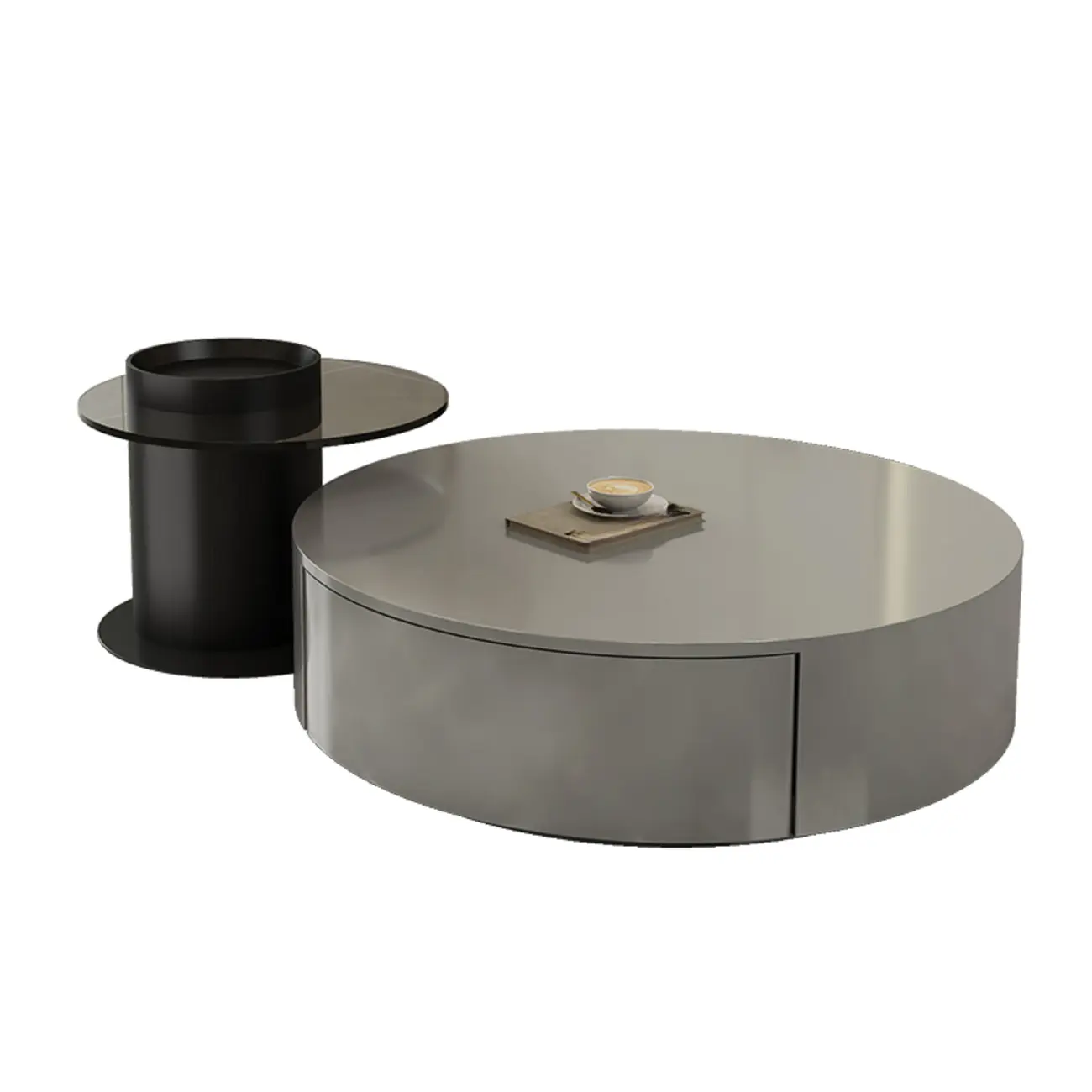 Black Modern Sleek Nesting Round Wood Drawer Coffee Table