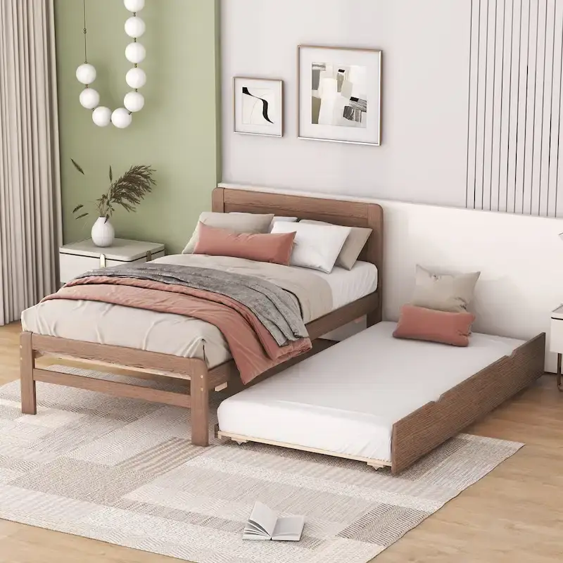 Twin Rubber Wood Platform Bed with Trundle