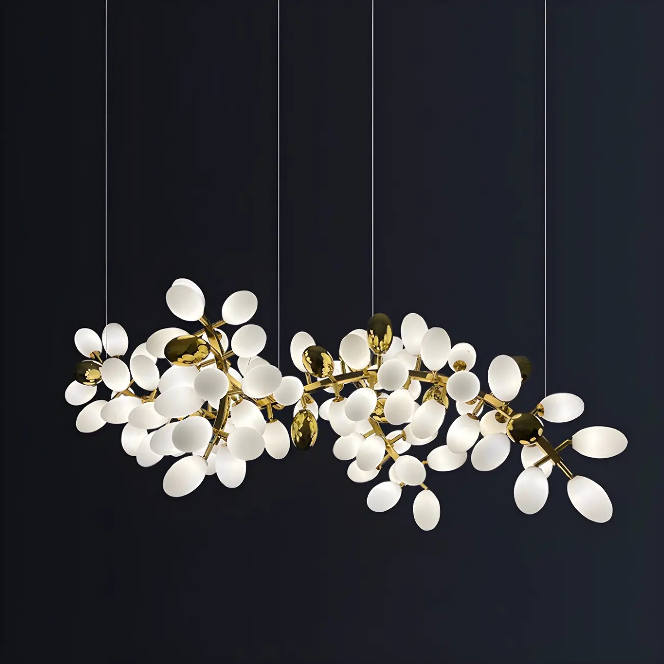 1 Tier Gold Branch White Glass Oval Cluster Pendant Light