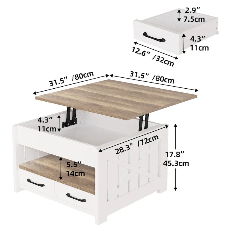 Square Lift Top Coffee Table - White & Gray Wood