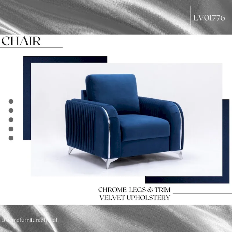 Blue Modern 38 Velvet UpholsteredAccent Chair with Polished Chrome Trim Legs and Vertical Pleated Design