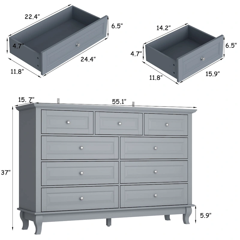 55.1W 9-Drawer Dresser: Spacious and Sleek Design Chest Lacquer