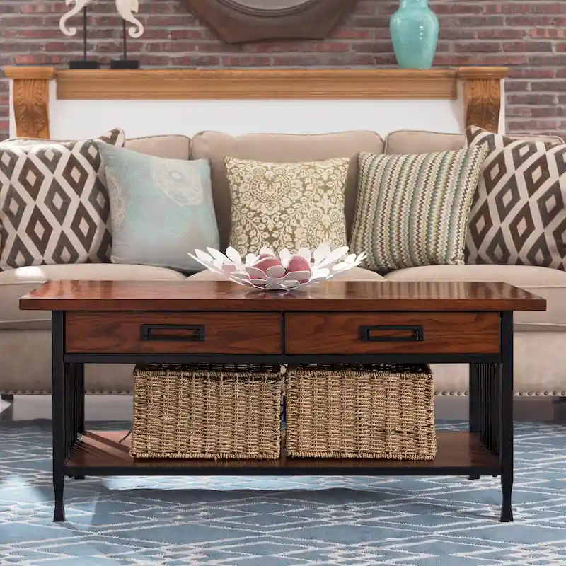 Rectangular Coffee Table, Mission Slats, 2 Drawers, 1 Shelf, Hardwood & Oak Veneer, Brown / Black, 1-Person Use