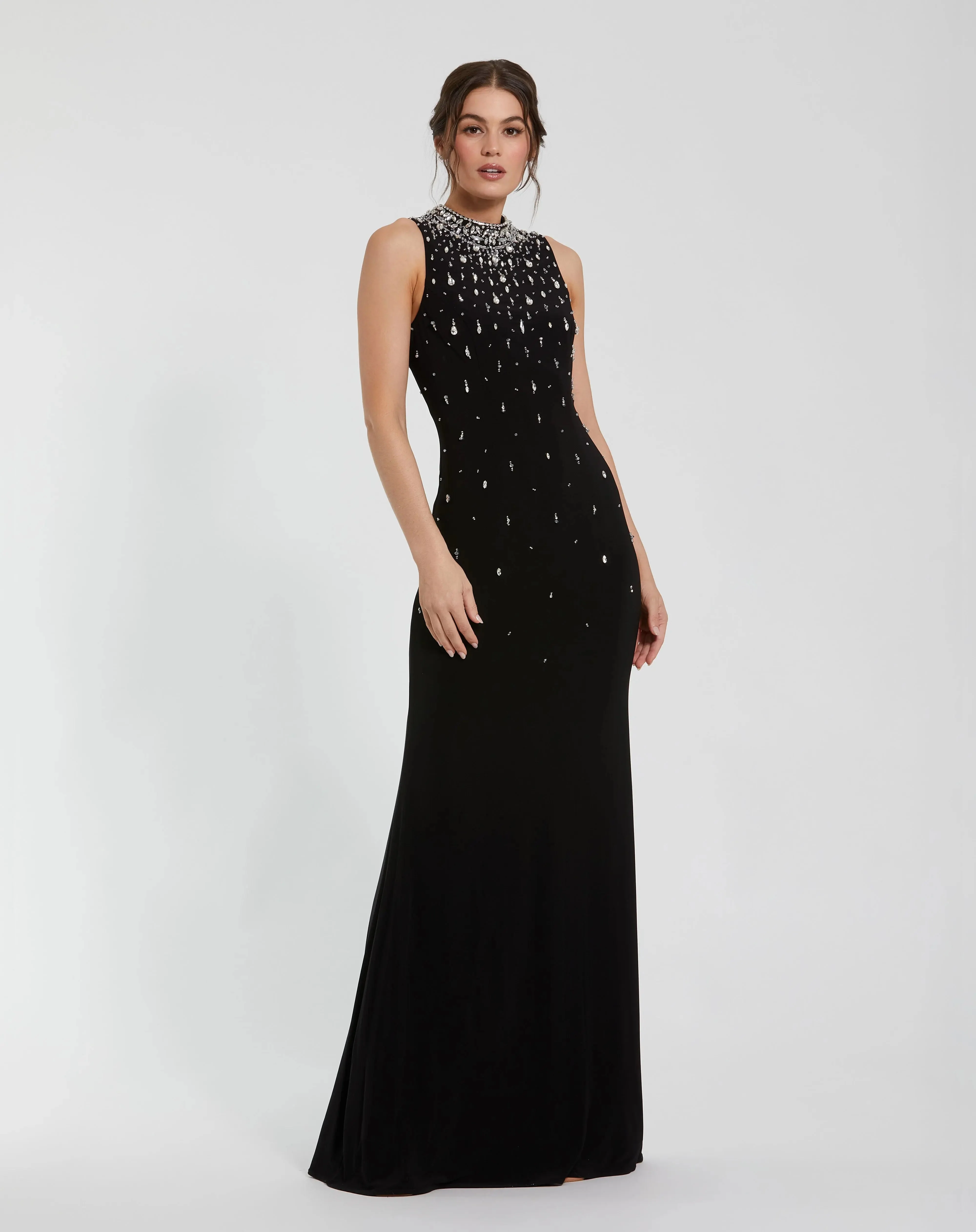 Black High Neck Sleeveless Beaded Jersey Fitted Gown