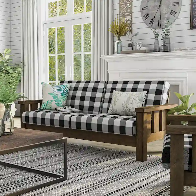 Rustic Oak Plaid Fabric Sofa - Seats 3