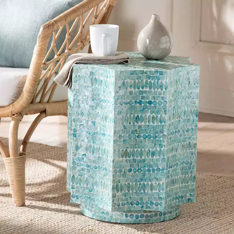 Baxton Studio Olesia Mother of Pearl End Table: Bohemian, Octagon Top, No Assembly Required