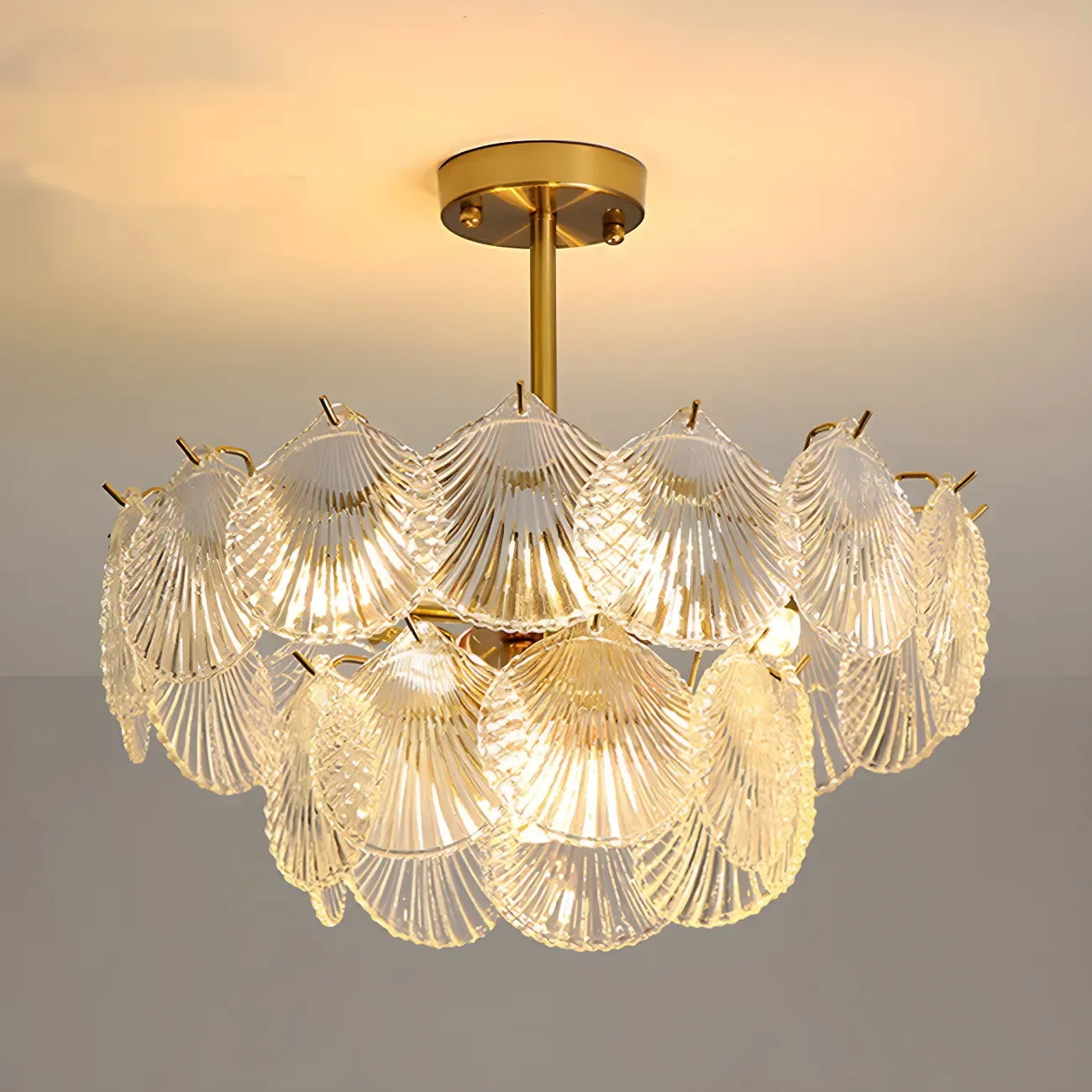 Adjustable Elegant Gold Unique Layered Scallop Glass Chandelier