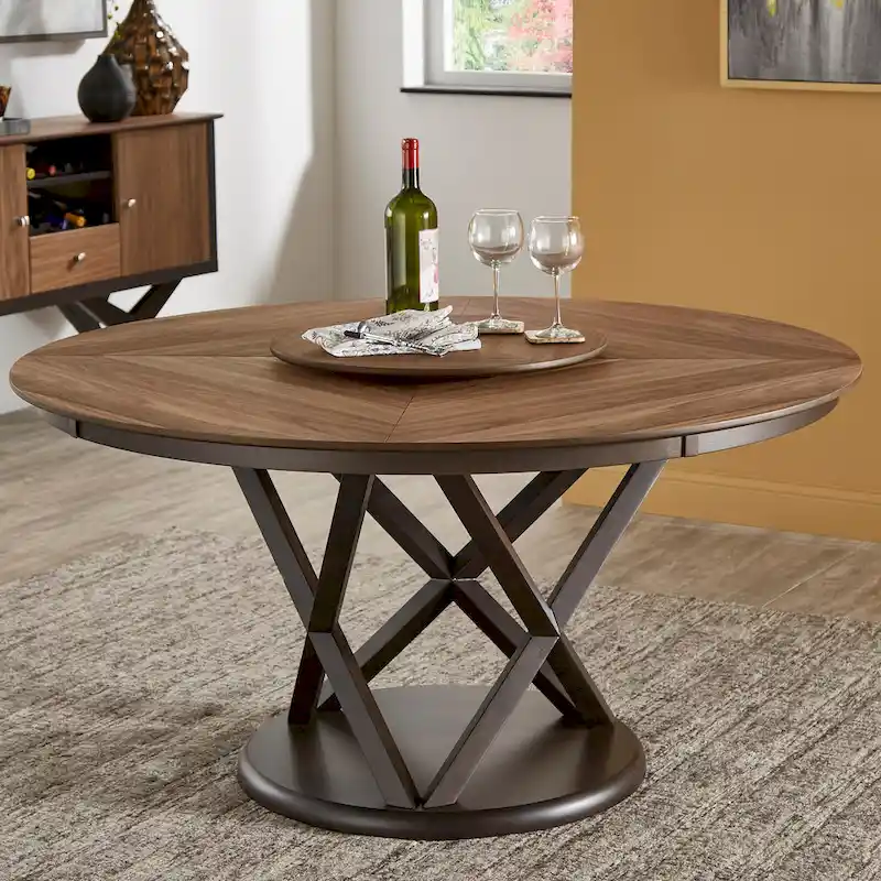 Espresso & Walnut Round Dining Table with Lazy Susan – Seats up to 6