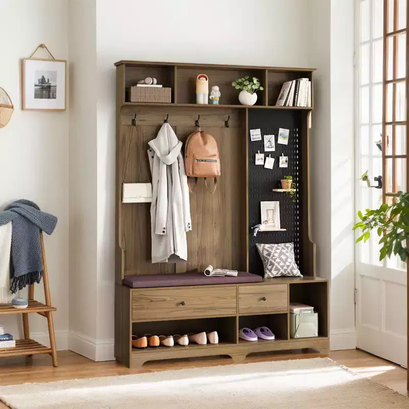 Okak Multi-Purpose Hall Tree with Removable Linen Cushioned Bench, Coat Rack with 4 Hooks, Storage Shelves and DIY Pegboard for Hallway, Brown