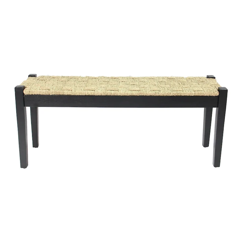 Black Woven Seagrass Bench, Solid Wood Legs, 1-Seat