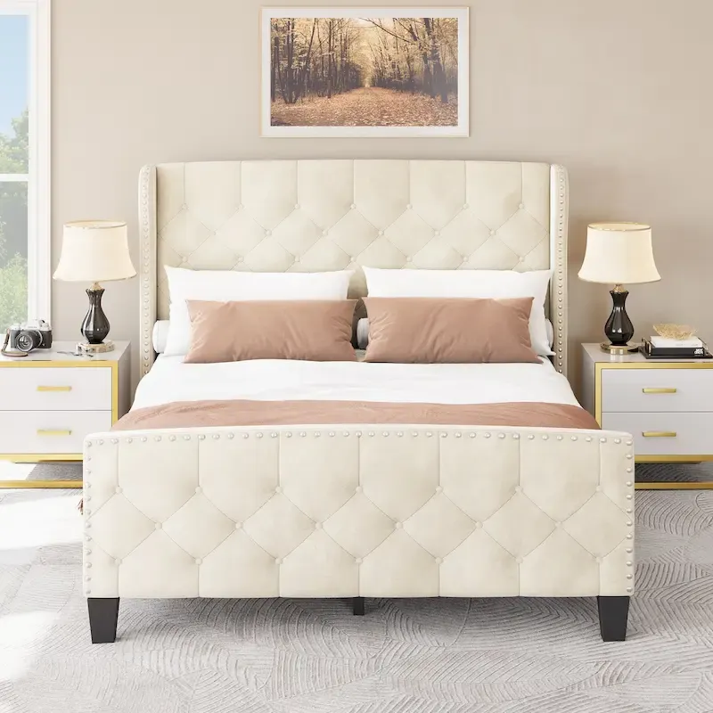 Velvet Wingback Platform Bed with Button-Tufted Footboard – Beige, Queen