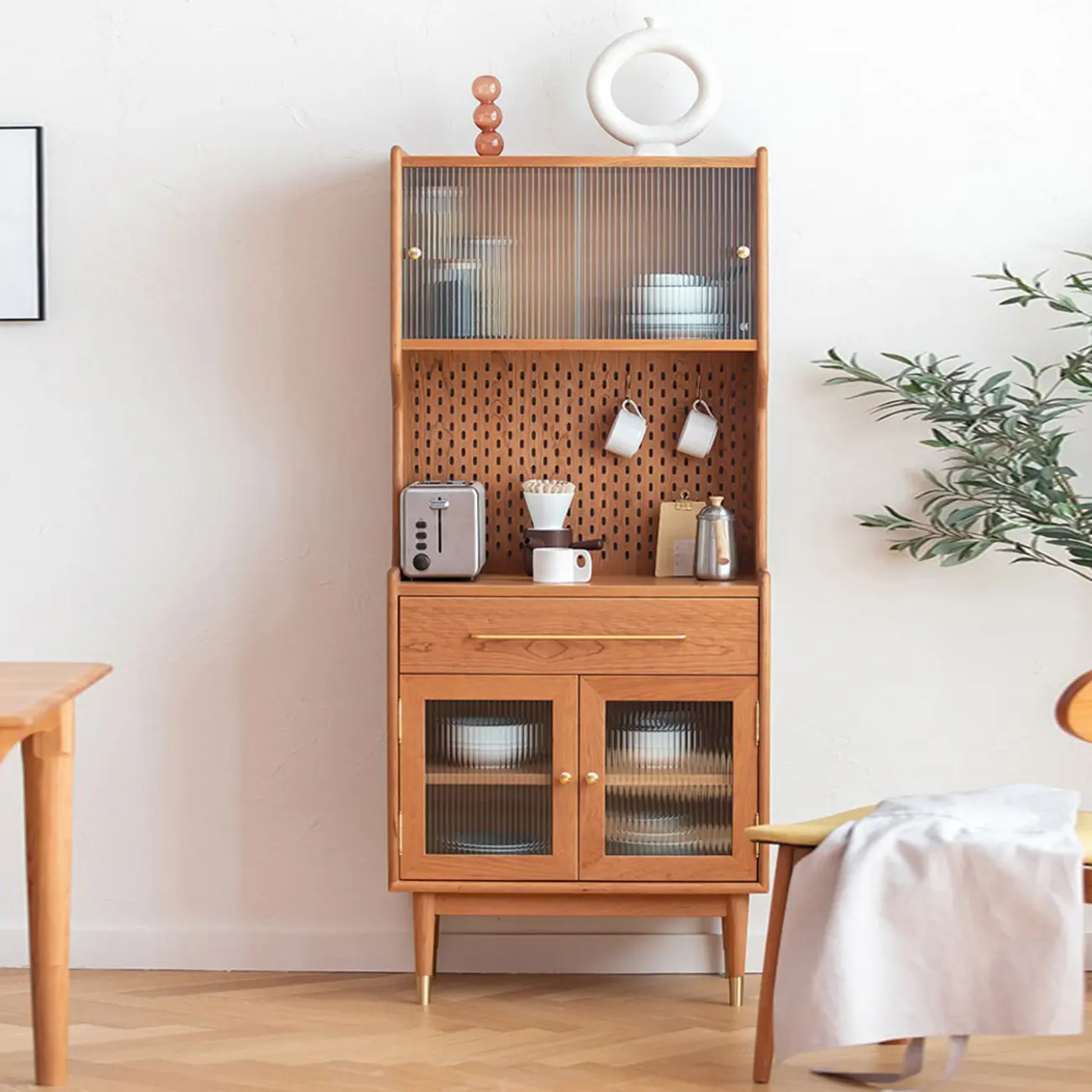 Glass Doors Pine Brown Dining Hutch Cabinet with Drawers