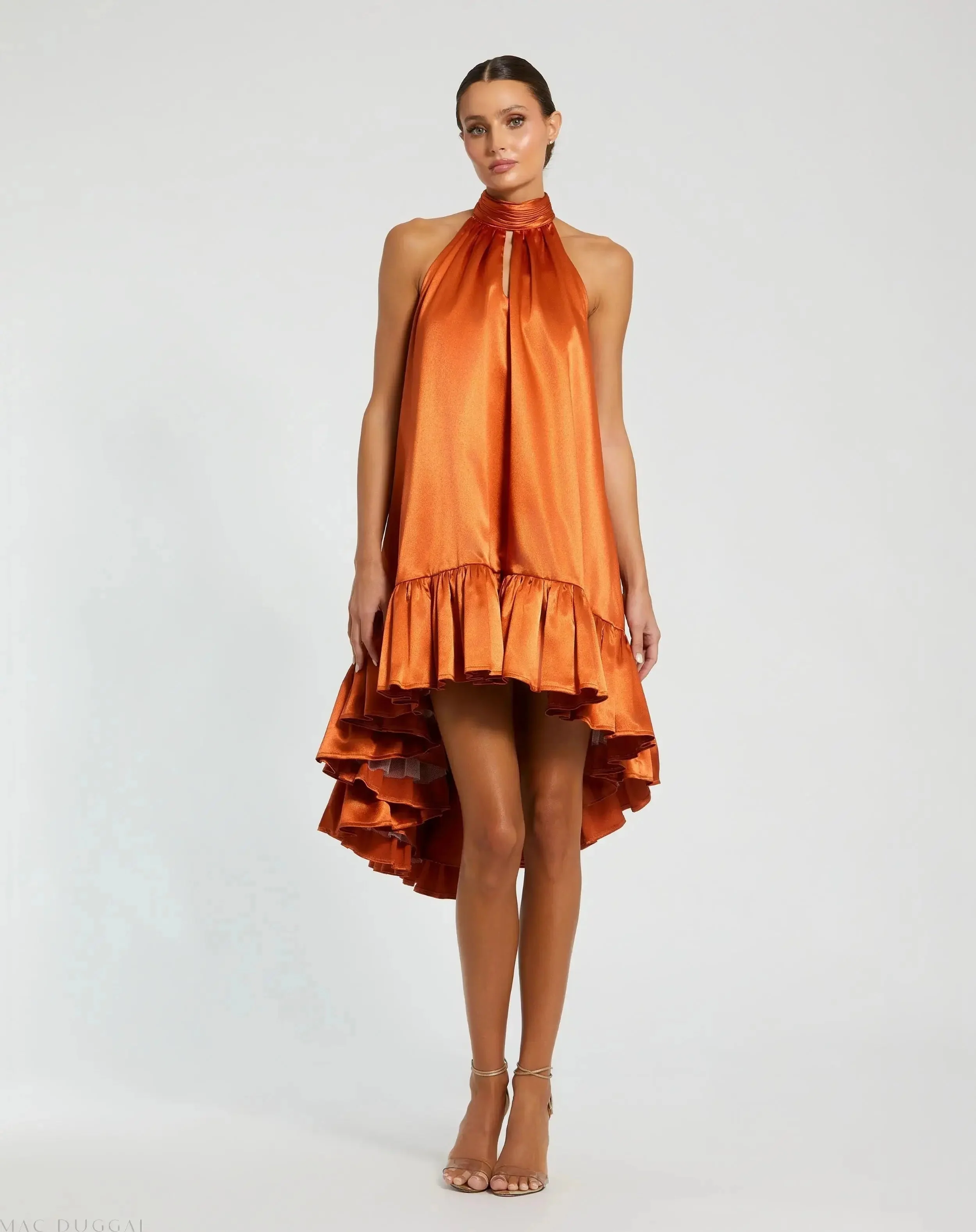 Orange High Neck Satin Mini Dress With Keyhole