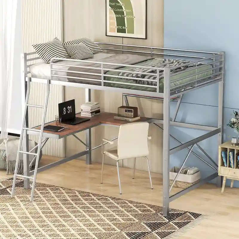 Metal Loft Bed with Desk and Guardrail