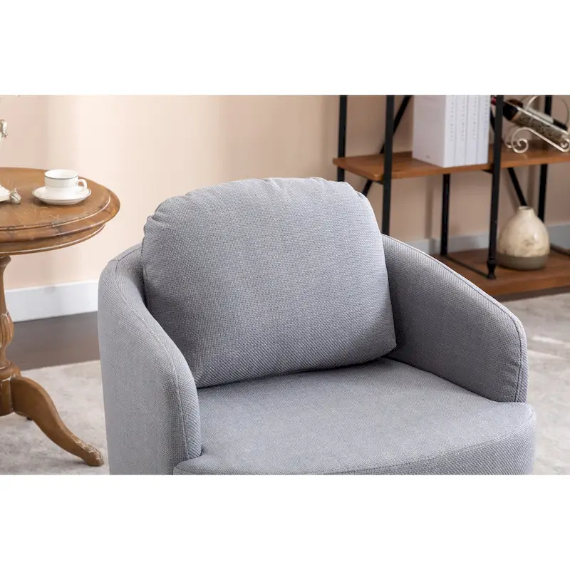 Light Blue Linen Upholstered Swivel Accent Chair with Round Wood Base – Modern Style, Seats 1