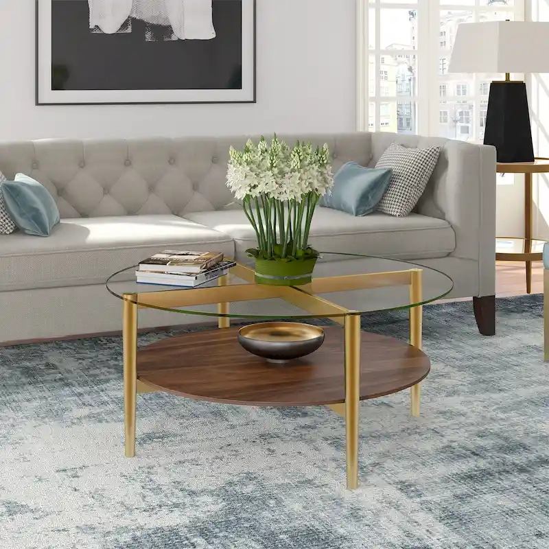 Gold / White Mid-Century Modern Round Tempered Glass Coffee Table with Steel Frame - Single Use