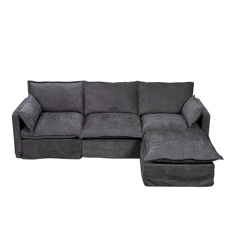 93.31  Faux Linen Modular Sectional Sofa with Movable Ottoman, Solid Wood Frame, and High-Resilience Foam Cushions