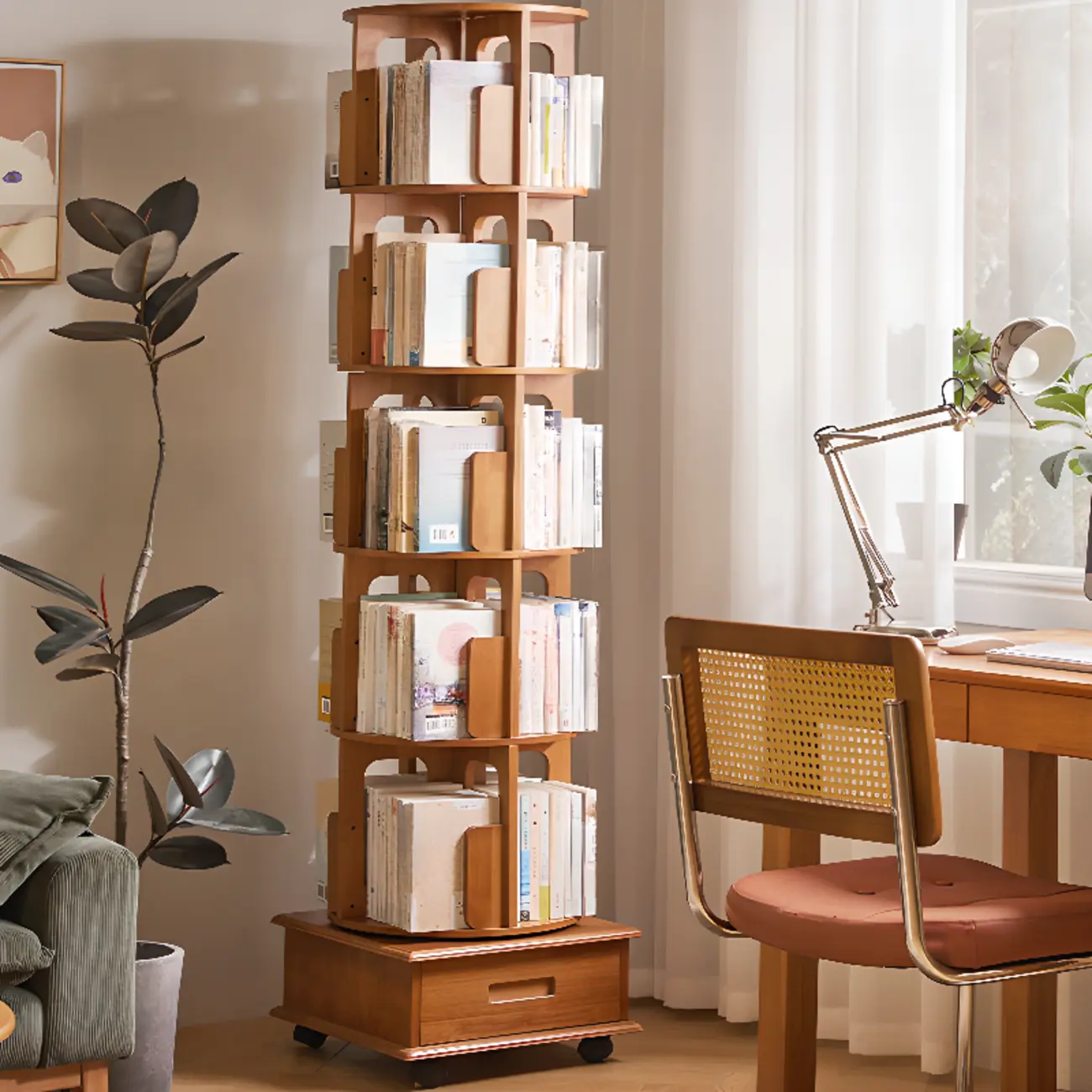 Narrow Rotating Cherry Wood Vertical Bookcase With Drawer