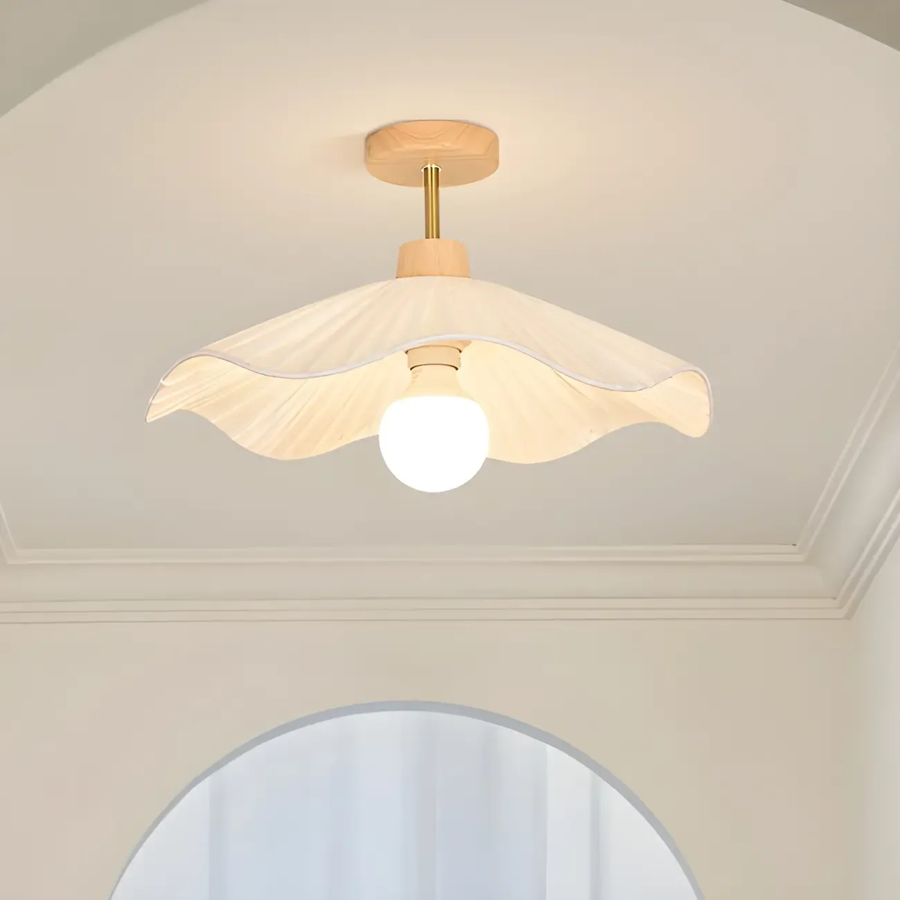 Natural Finish Wood Semi Flush Ceiling Light with Fabric Shade