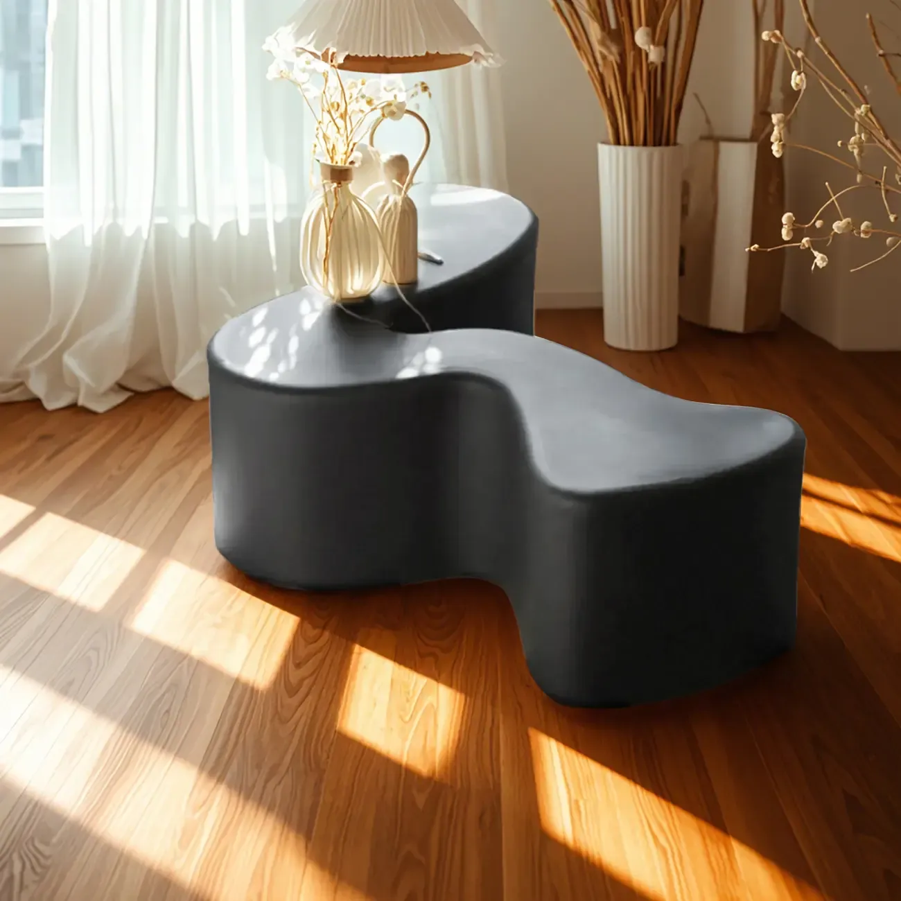 Modern Black Resin Wave Coffee Table with Abstract Design