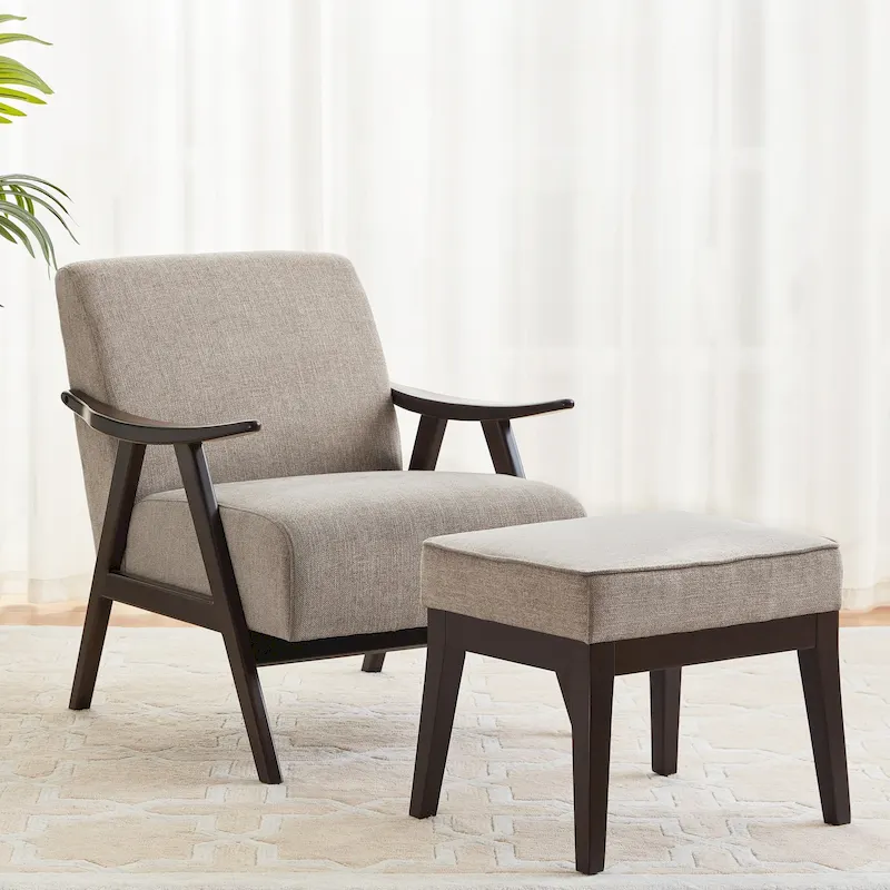 Mid Century 27.7 Upholstered Arm Chair with Solid Wood Frame and Ottoman