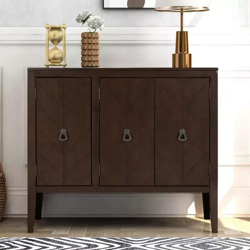 37 Sideboard Cabinet, 3-Door Wooden Buffet Storage Cabinet with V-Groove Pattern Doors & Retro Ring Handles - Panipeachy