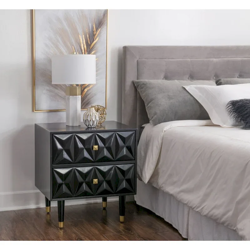 27 Black Geometric Patterned Two Drawer Nightstand