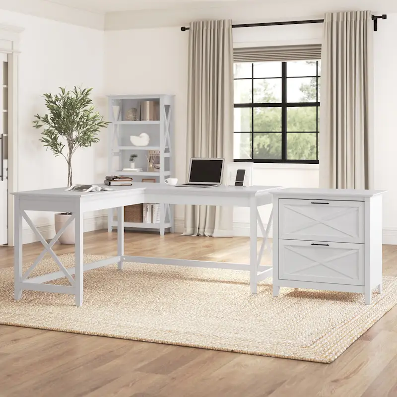 Key West 60W L Desk with 2 Drawer File Cabinet by Bush Furniture