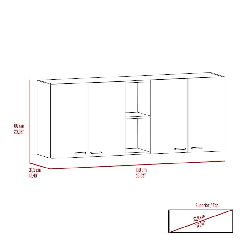 TUHOME Portofino 150 Wall Cabinet with 2 Double Doors, Dish Rack, 2 Open Shelves, and 2 Inner Shelves - N/A