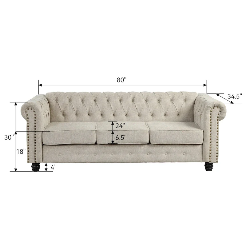 Linen Chesterfield Sofa with Button Tufted, Nailhead and Solid Wood Legs