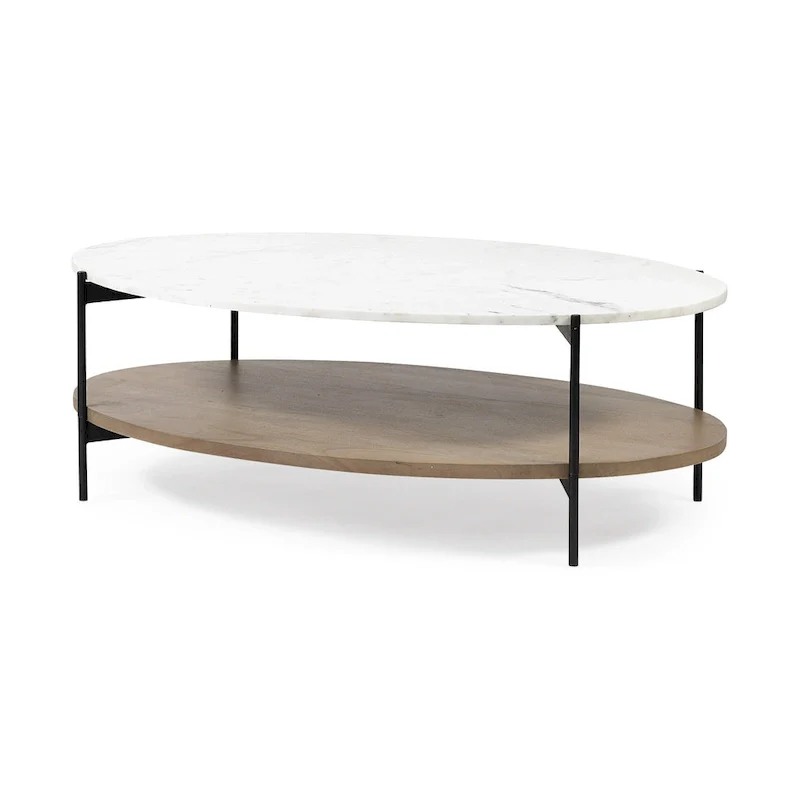 HomeRoots 48 Brown and Black Genuine Marble and Metal Oval Coffee Table With Shelf - 30