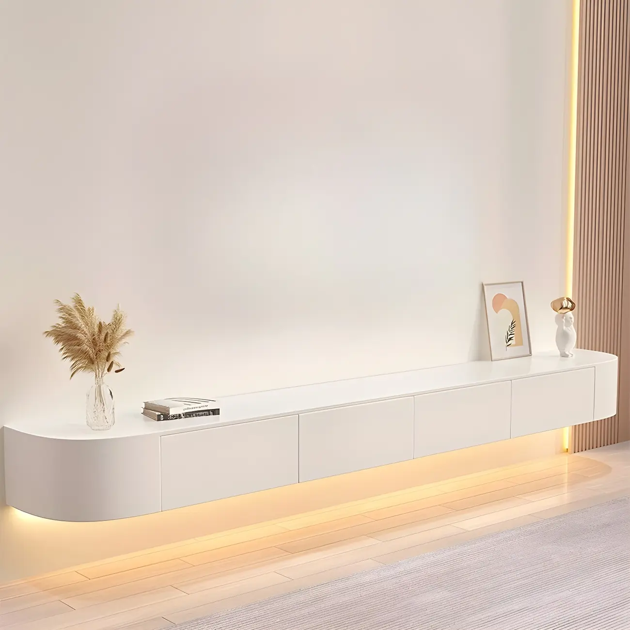 Glam Wooden Floating TV Stand in White with Drawers & Shelves