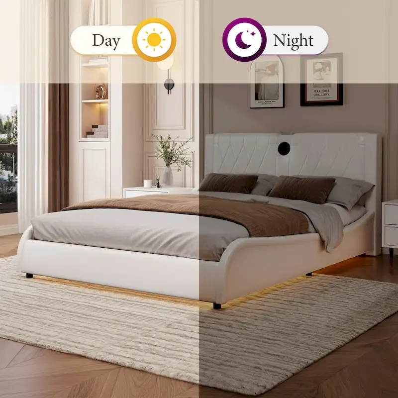 King LED Bed Frame with Bluetooth Speakers & Leather Upholstery