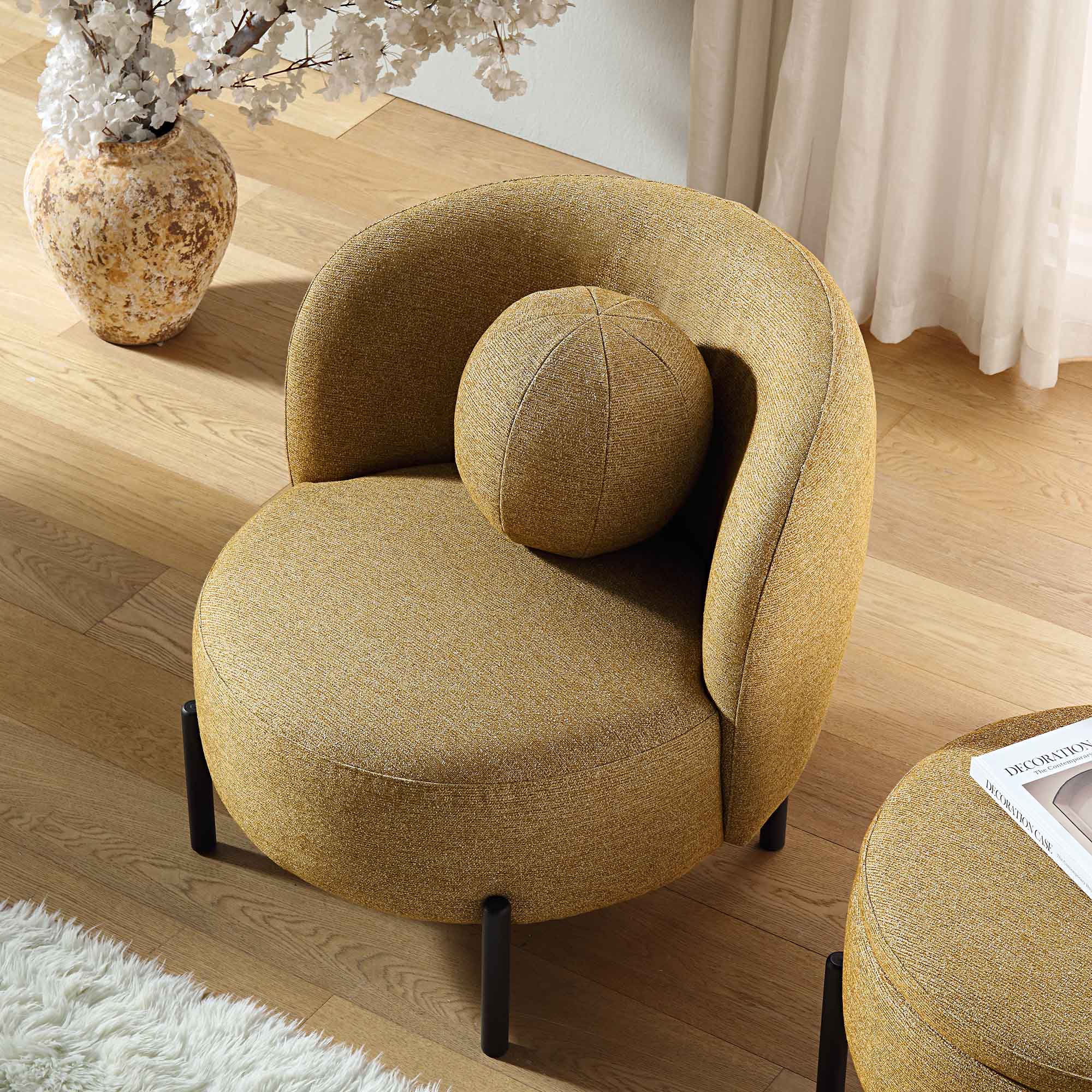 Armchair with Ball Cushion, Marigold Textured Fabric