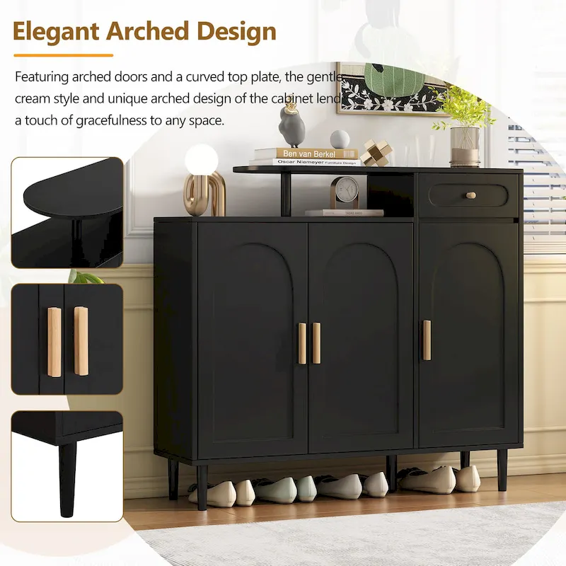 Black Particleboard Arched-Door Shoe Cabinet with Drawer & Adjustable Shelves