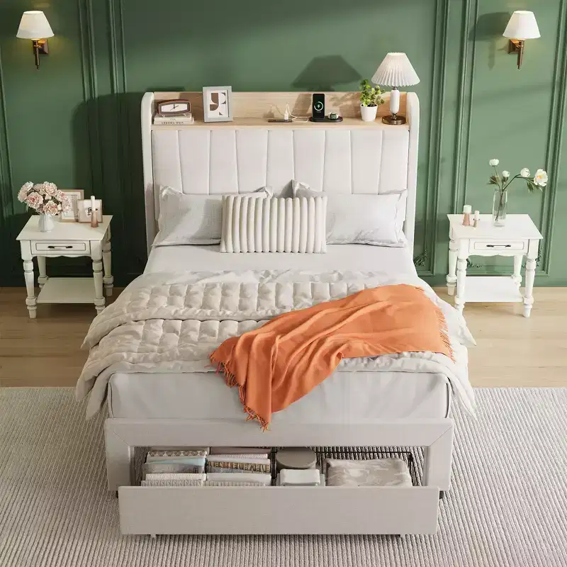 Upholstered Platform Bed Frame with Storage Headboard Drawers USB and AC Outlets Noise Free No Box Spring Needed