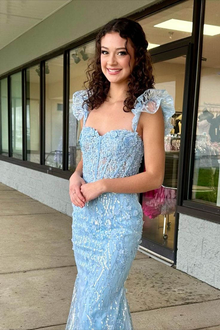 Yellow Ruffle Straps 3D Flower Mermaid Long Prom Dress