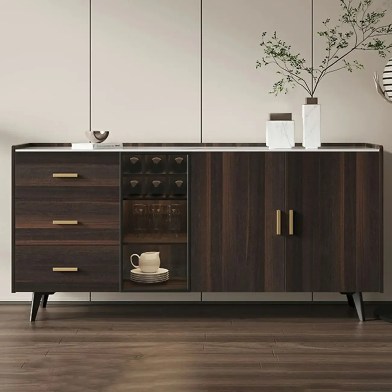 Modern Wooden Sideboard with Cabinets & Wine Rack