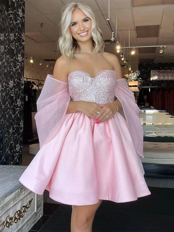 Pink - A-Line Off The Shoulder Sequined Short Homecoming Dresses