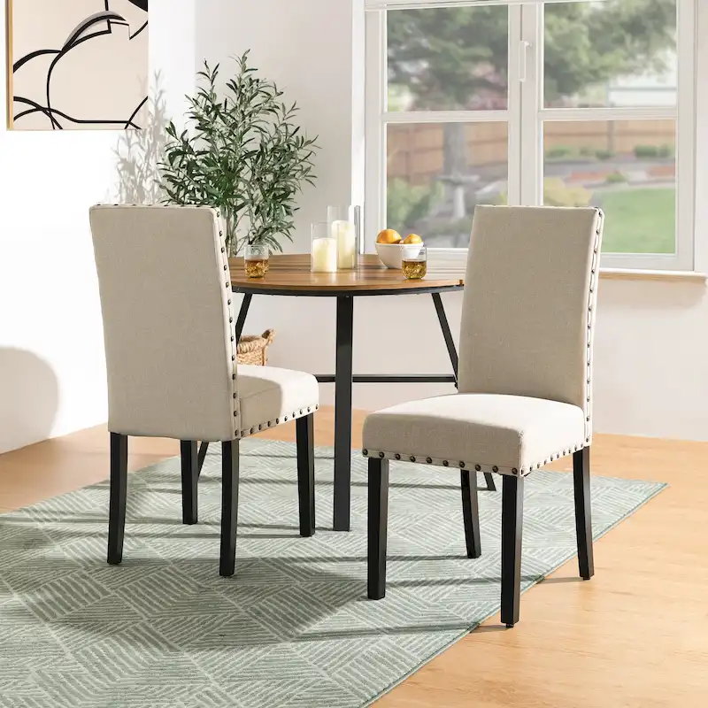 High Back Linen Fabric Dining Chairs with Nailhead Trim – Grey / Cream White / Tan