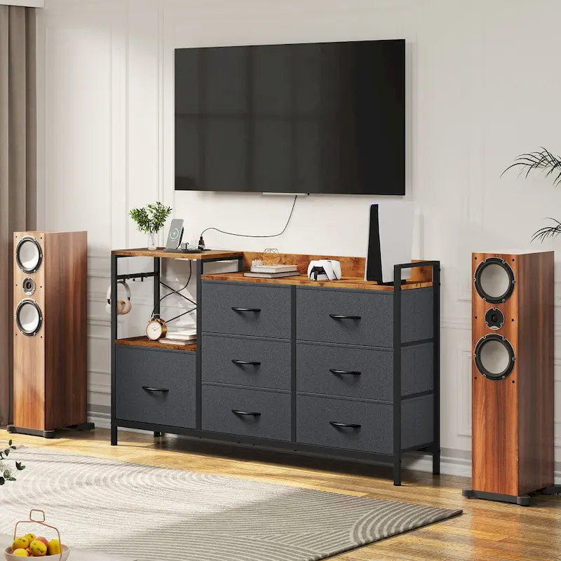 7-drawer Dresser Media Console with Charging Station, Shelves