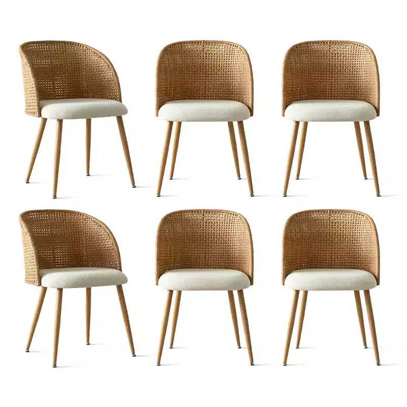 Upholstered Rattan Dining Chairs Set of 6/8, Armless Linen Barrel Kitchen Chairs with Curved Cane Back and Wood-Look Metal Legs - Panipeachy