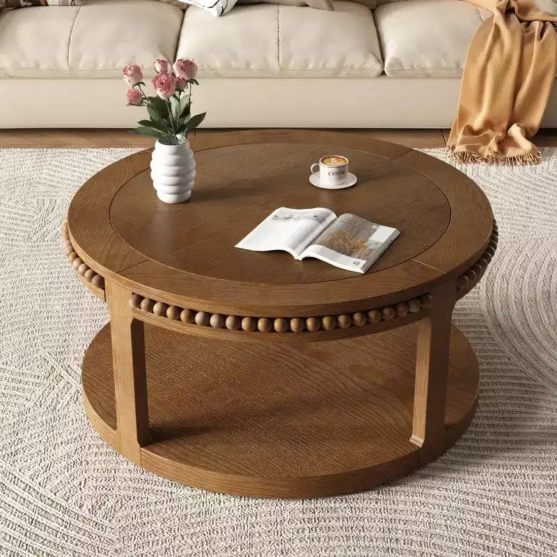 31.5 Inch Round Solid Wood Coffee Table and Sofa Table - Two-Tier Thickened Top, Sturdy Legs, Circle Table for Living Room