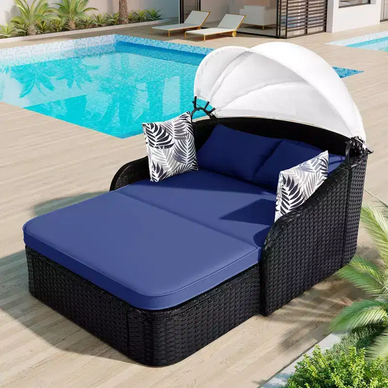 GDFStudio Sidney Patio Modern PE Rattan Double Chaise Lounge Daybed with Adjustable Canopy, Cushions and Pillows