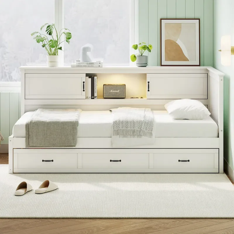 White L-Shaped Corner Daybed with Storage, LED & USB, Twin/Full