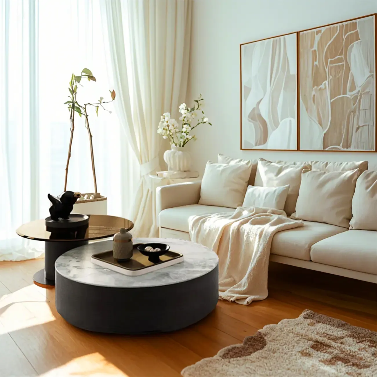 Modern Round White Nesting Coffee Table Set with Drawers
