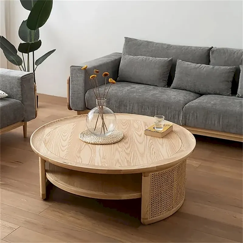 2-Tiered Round Wood Coffee Table with Rattan Base