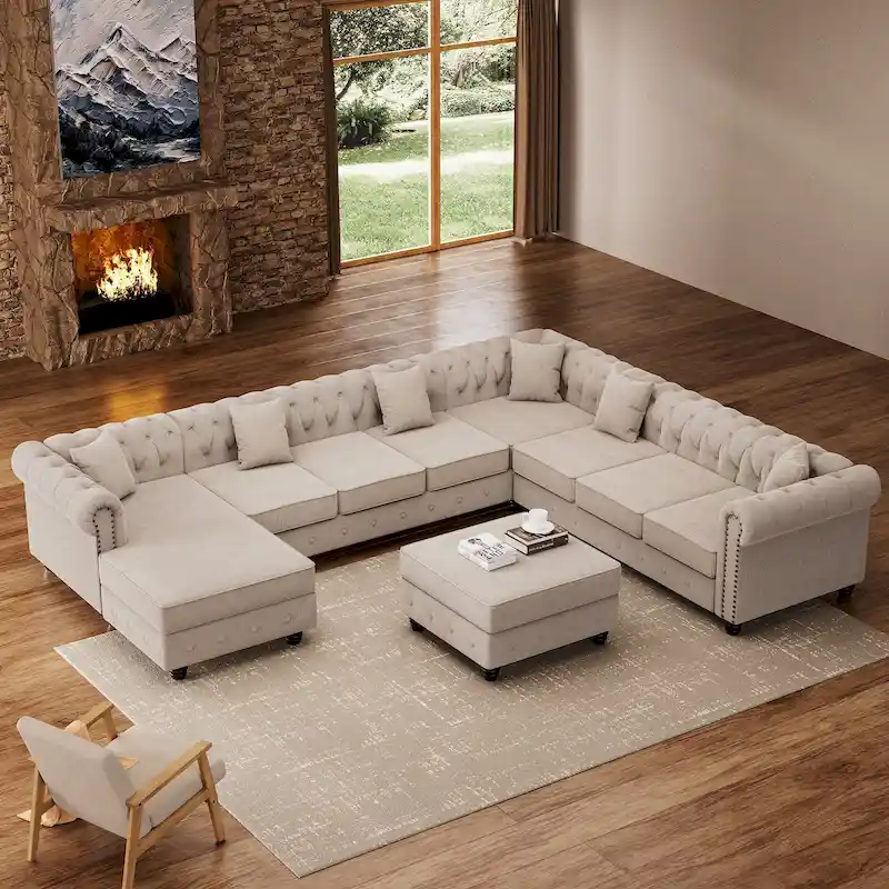 Chesterfield Sectional Sofa with Ottoman and 6 Pillows U-Shape Linen Fabric Sofa with Chaise and Rubberwood Legs for Living Room