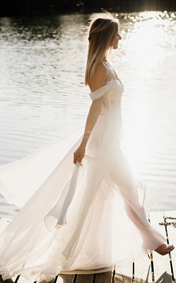 A-Line Lace White Lace-Up Off-the-Shoulder Wedding Dress with Slit