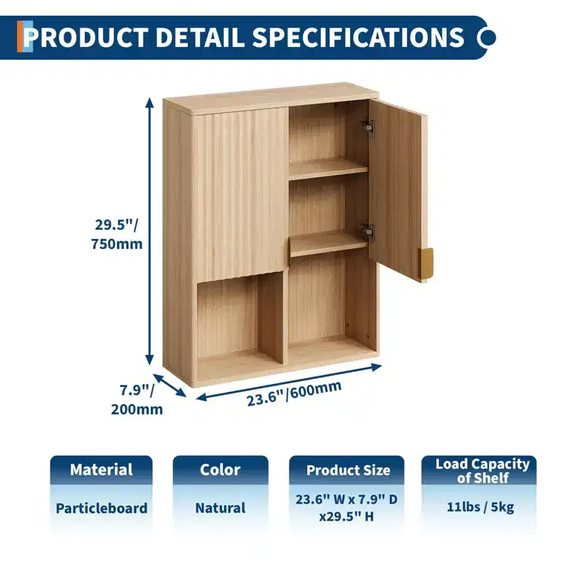 GustoWave Fluted Bathroom Wall Cabinet, 23x29 Over Toilet Storage Cabinet with Adjustable Shelf,Modern Wooden Medicine Cabinet with Buffering Hinges